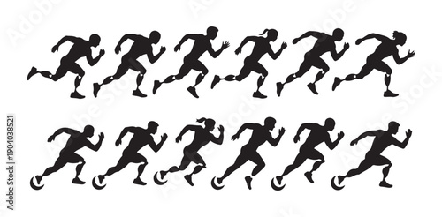 Set of twelve black running figures in two rows including men and women on white background