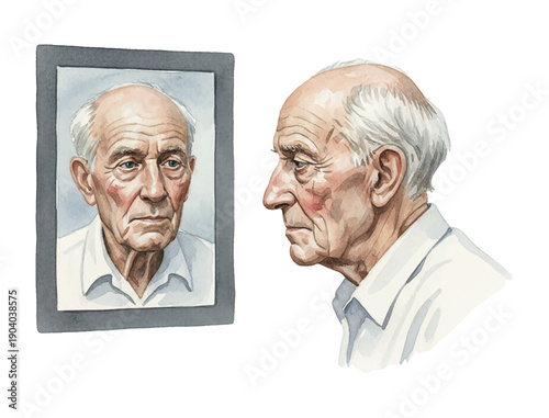 Elderly Caucasian man seriously contemplating his reflection in a mirror a pensive moment