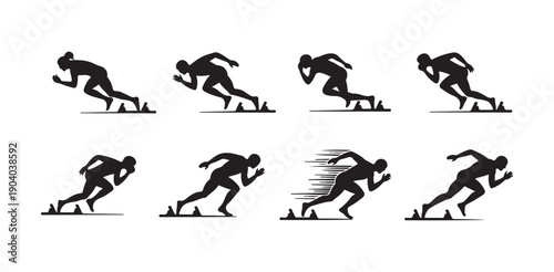 Sprinter in starting position silhouette runner on blocks ready for race athletics icon set