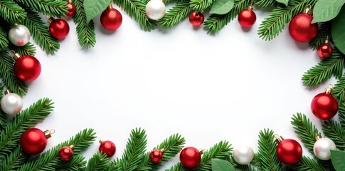 Festive red, green, white ornaments & branches create a classic Christmas border , clipart, branches
