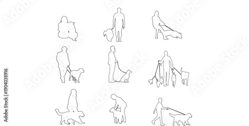 Minimalist line art depicting people and dogs in various poses