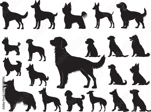 Collection of black silhouette dog breeds in various poses and sizes