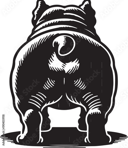 Black and white illustration of a bulldog s rear view with a curled tail