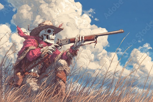 Illustration of a skeleton ghost cowboy aiming a shotgun beneath a dramatic cloudy sky scene