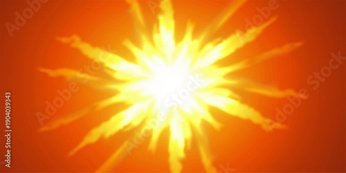 An abstract sun background bursts with bright orange rays and glowing yellow light, creating a hot energy explosion of fire and flame in a vibrant space design