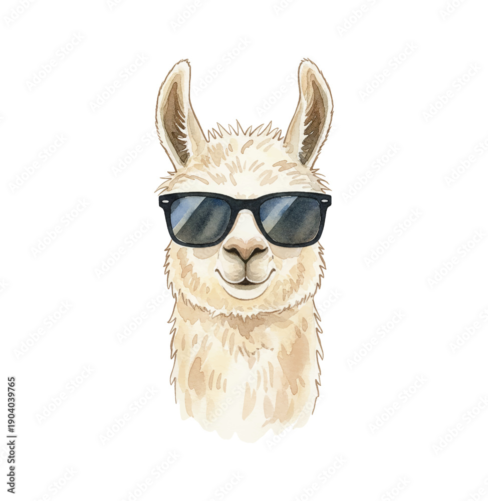 Fototapeta premium Smiling llama wearing black sunglasses showing a friendly expression in a lovely watercolor style