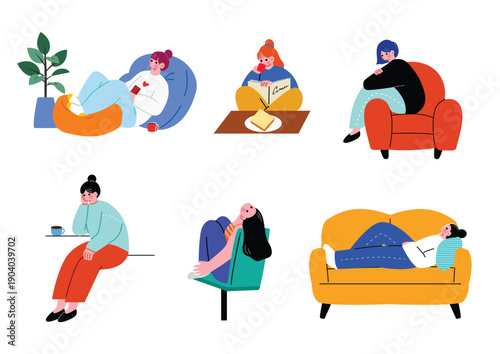 部屋でくつろぐ女性のイラストセット