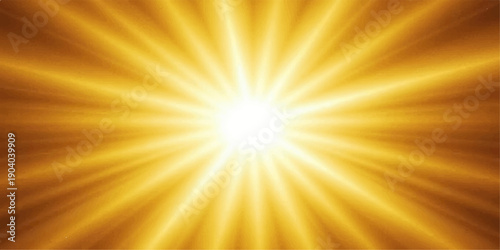 A bright yellow and orange sunburst background with abstract summer rays creates a glowing sunlight vector design featuring a warm sunrise explosion and sunny sky beams