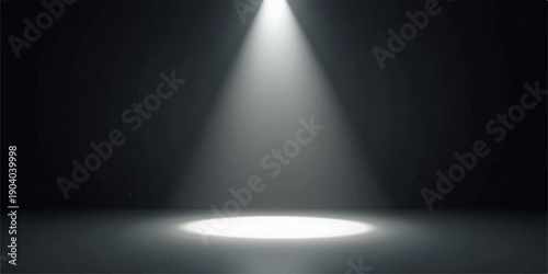 A bright silver spotlight shines on an empty metallic theater stage featuring a brushed aluminum wall texture and dark steel design for a minimalist night show backdrop
