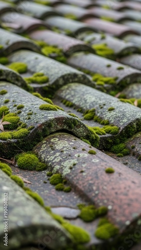 Weathered Terracotta Roof Tiles Covered In Green Moss And Lichen
