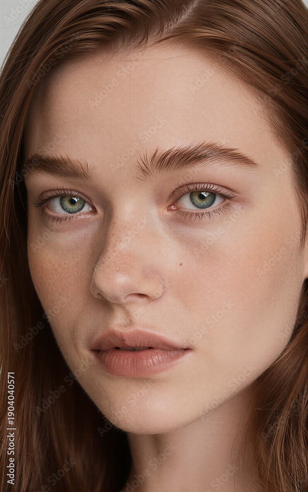 Naklejka premium Close-up portrait of woman with striking green eyes and soft, natural makeup.
