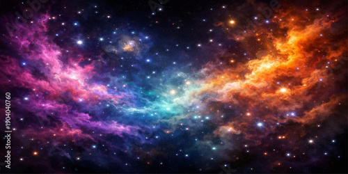 An abstract cosmic background featuring a deep blue nebula and glowing starfield illuminates the vast dark universe with celestial light and fantasy science illustrations