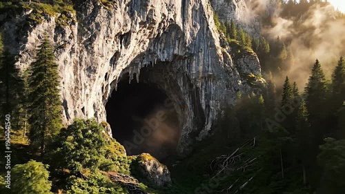 Majestic mountain cave entrance shrouded in mystical fog, surrounded by verdant forest
