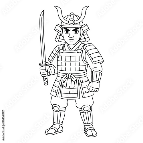 Black outline vector illustration of a samurai wearing traditional armor and holding a sword, representing honor and Japanese history.