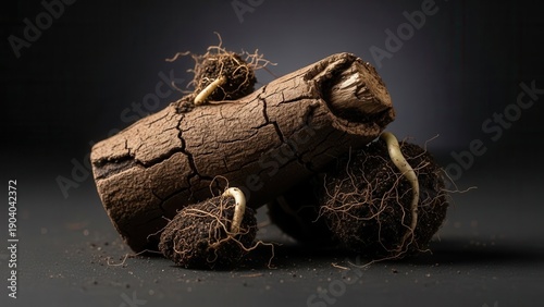 Woodland Sprout Emerging From Cracked Bark With Intricate Root Systems