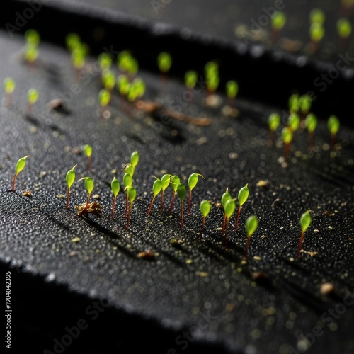 Young Seedlings Emerging From Dark Soil Under Soft Light Promoting Growth
