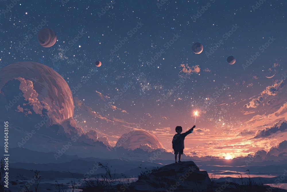 Obraz premium A young boy holding a star amidst glowing planets in a magical night sky digital art illustration