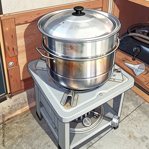 A large stainless steel stockpot with side handles and a glass lid sits on a portable single-burner gas stove inside a wood-paneled workshop space on a concrete floor nearby tools.