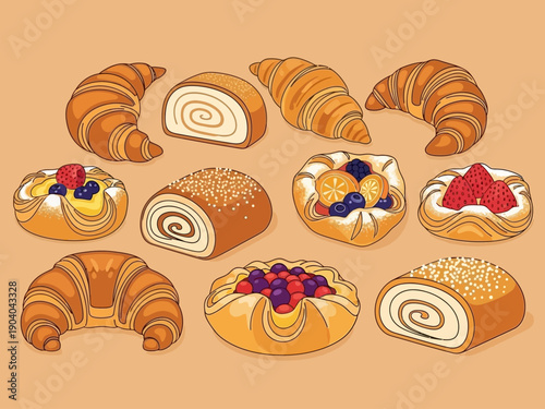 Assortment of Delicious Baked Pastries and Croissants.