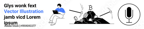 Remote work, cryptocurrency mining, voice recording, technology tools, digital economy, modern online jobs. Person with laptop, mining tools microphone icon. Remote work and cryptocurrency mining