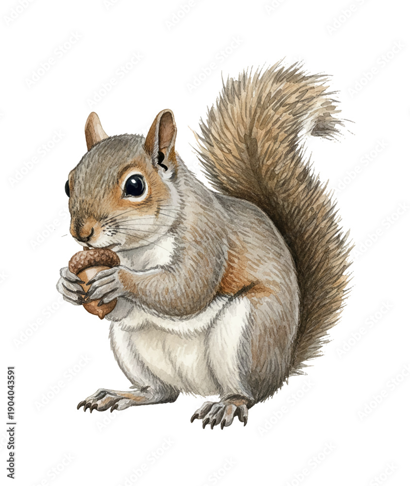 Naklejka premium A cute gray squirrel holding an acorn with both paws looking forward in a watercolor illustration style