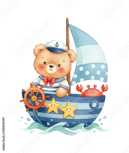 Cute happy teddy bear sailor steers a blue striped boat with a smiling crab and starfish on the waves