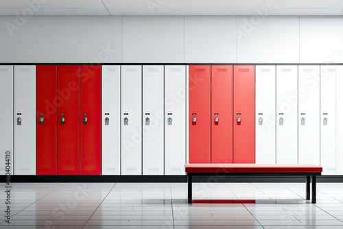 Rows of white and red lockers with a red bench in a clean, modern room