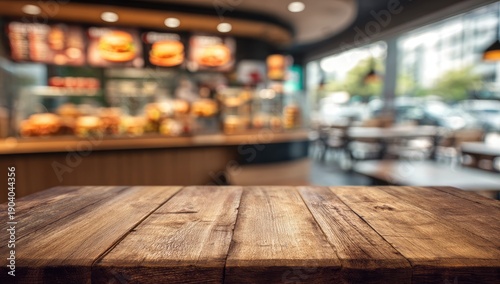 Empty wooden table in a blurred, bright fast-food restaurant interior