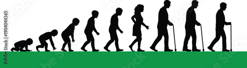 Silhouette progression of human life stages from infancy crawling to elderly with cane on green grass