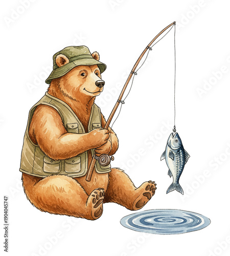 Happy Bear Fishing with Rod and Caught Fish Wearing Hat and Vest Watercolor Illustration