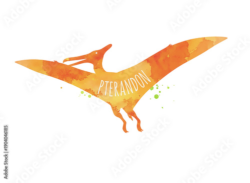 Vibrant orange and yellow watercolor Pteranodon illustration soaring with green splatters and text