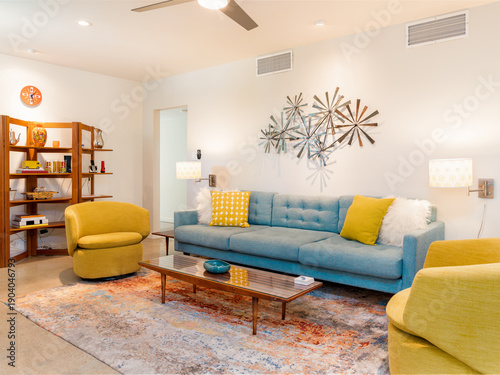 Mid-century modern living room interior sofa, chairs, table.