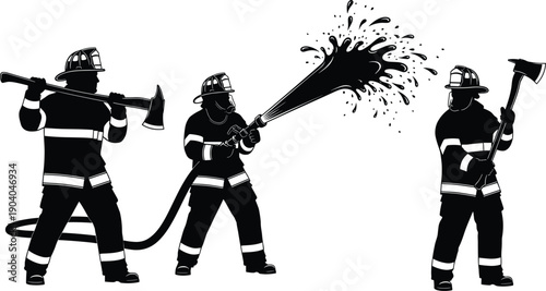 Firefighter rescue team silhouettes with hose water spray and axe emergency service heroes black vector illustration isolated