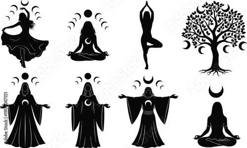 Mystical woman silhouettes with moon phases yoga meditation witch ritual tree of life spiritual magic vector illustration set