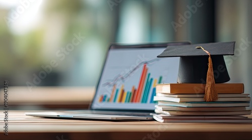 Graduation cap atop books beside laptop displaying financial chart
