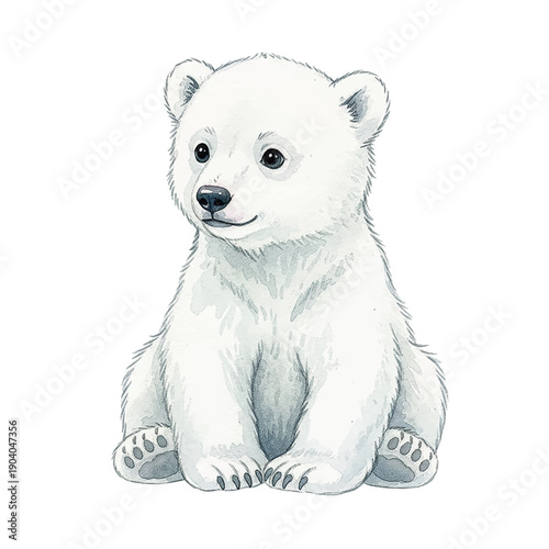 Cute happy white polar bear cub sitting front view with gentle expression in watercolor illustration style