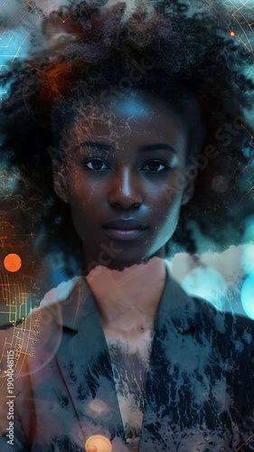 Face of a young adult black woman. Double exposure effect combining a woman's profile and ocean waves. Video footage to attract attention in banner ads. Double exposure. Generated AI.	