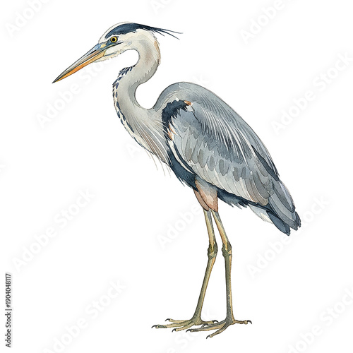 Great Blue Heron standing calmly with its long neck and legs in a detailed watercolor illustration
