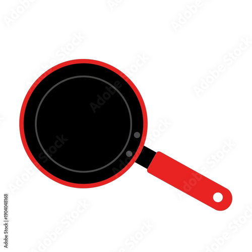 Red handle frying pan with black non-stick surface, isolated on white background