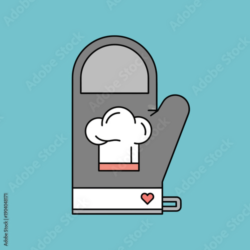 Oven mitt with chef hat icon and heart symbol on blue background