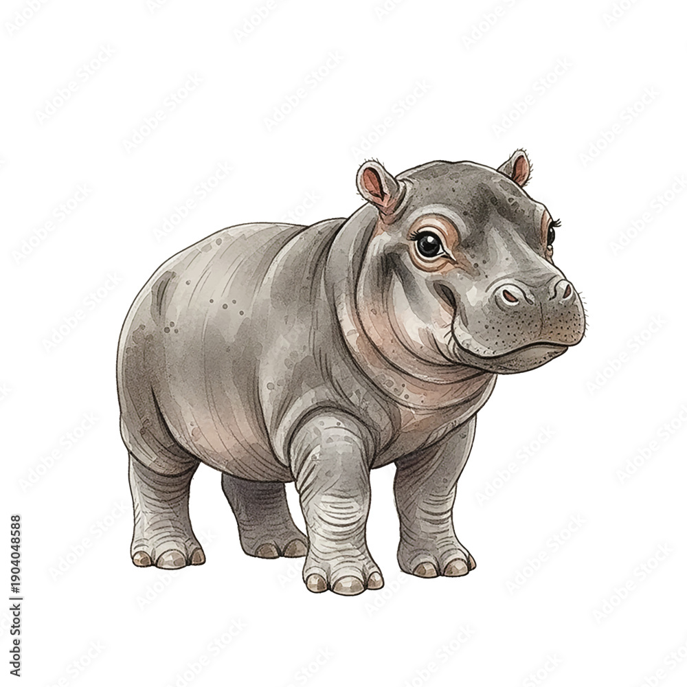 Fototapeta premium Cute Baby Hippopotamus Standing Calmly Adorable Watercolor Illustration on White Background