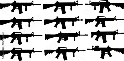 Assault rifle vector silhouette set, black firearm weapon icons, military gun collection isolated on white