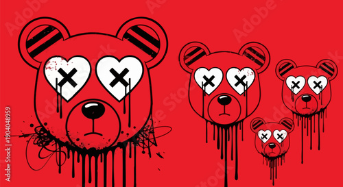 Red vector teddy bear heads with heart eyes and dripping black ink, grunge street art style illustration set
