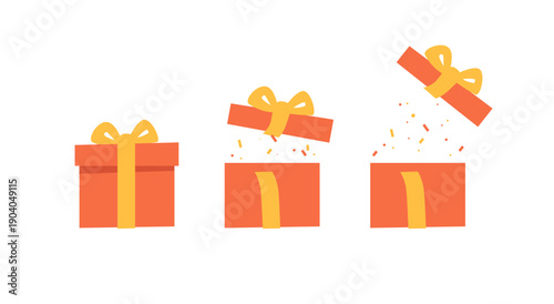 Set of red gift closed and open boxes with confetti. Minimalistic flat design. Icons on white background. For surprise, celebration, event concepts. Vector illustration.