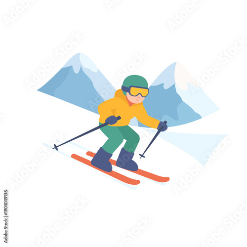 Skier descending from the mountain in ski suit, mountains, snow. Minimalistic flat illustration for winter sports concepts. Vector illustration.