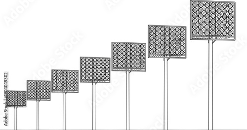 Stadium floodlight tower vector illustration set featuring outdoor sports lighting panels arena lamps infrastructure equipment silhouette design