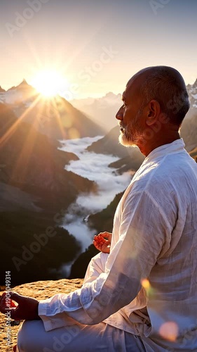 A person meditating sitting cross-legged on a cliff edge overlooking a vast mountain landscape at sunrise.