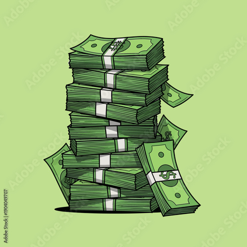 Huge Stack of Dollar Bills Cartoon Illustration. Pile of Cash Bundles Representing Wealth, Success, and Finance.