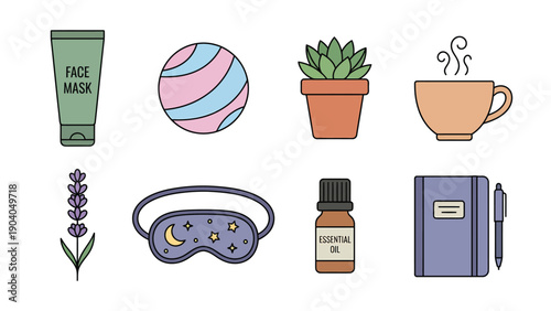 Self-Care and Wellness Icon Set: Relaxation, Mental Health, and Home Comfort Essentials