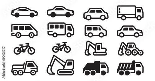 Outline vector icons of diverse vehicles including cars, trucks, buses, and construction machinery